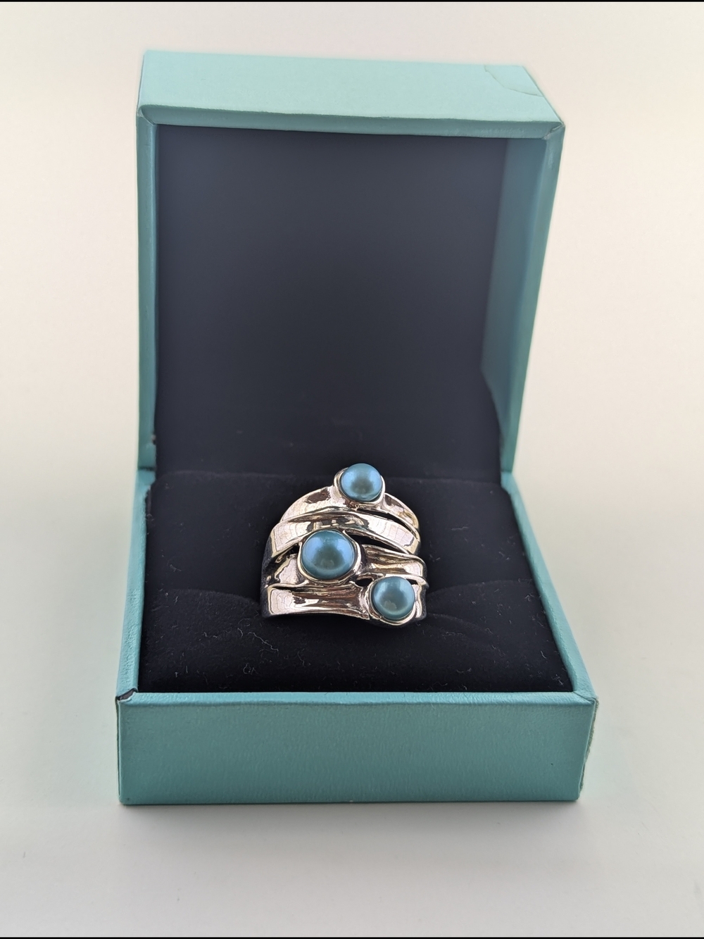💎 Vintage Israeli Sterling Silver Triple Teal Pearl Statement Ring 💎